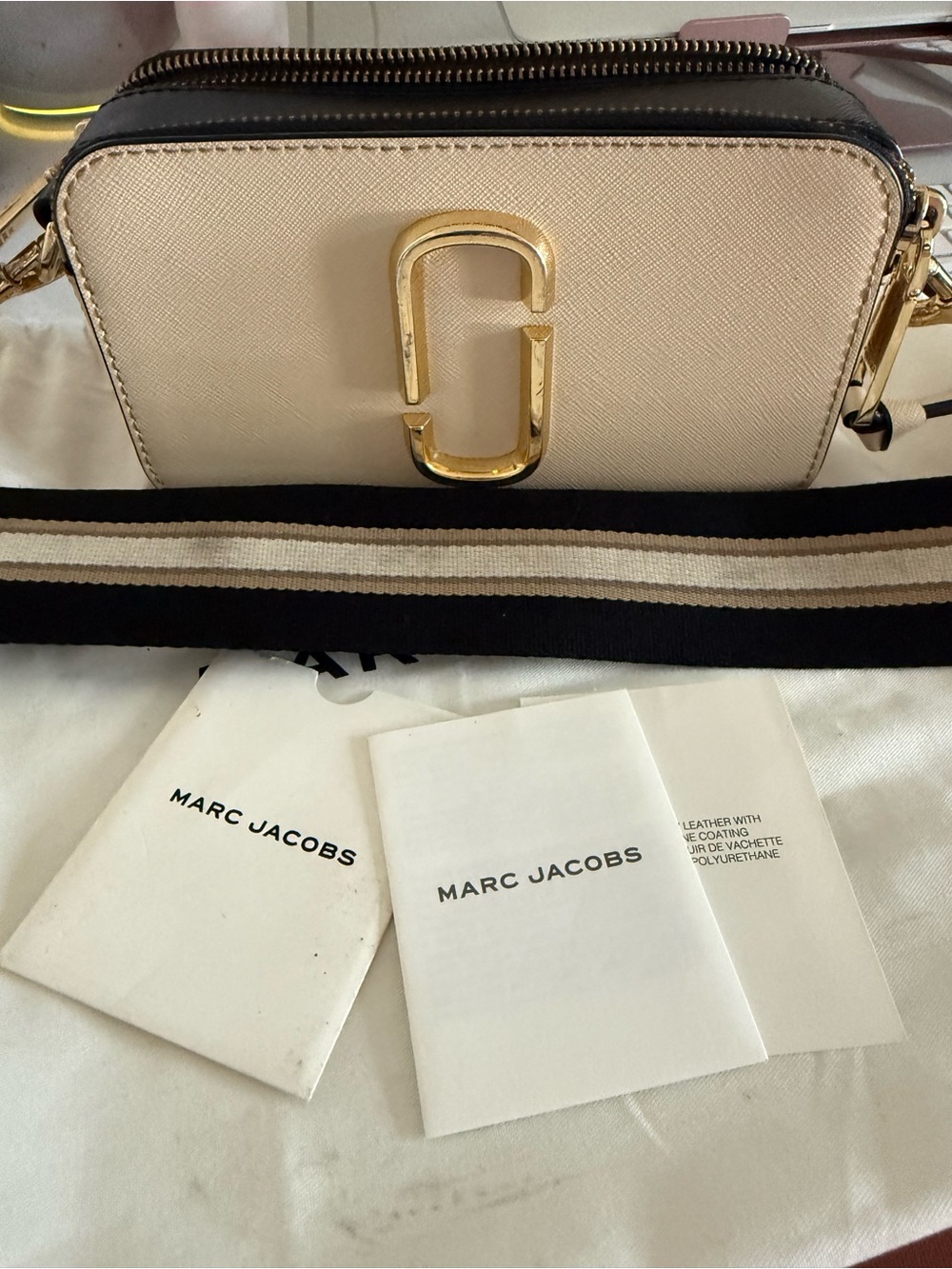 Marc Jacobs Cream and Black Crossbody Camera Bag with Gold Hardware